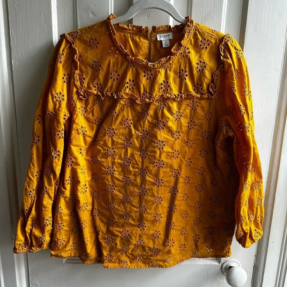 J. Crew Ruffleneck Eyelet Yoke Top Goldenrod Yellow